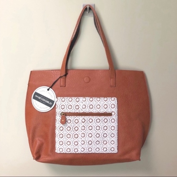 Under One Sky Handbags - Under One Sky Womens Boho Natalya Reversible Crochet Pocket Tote Bag Black Brown